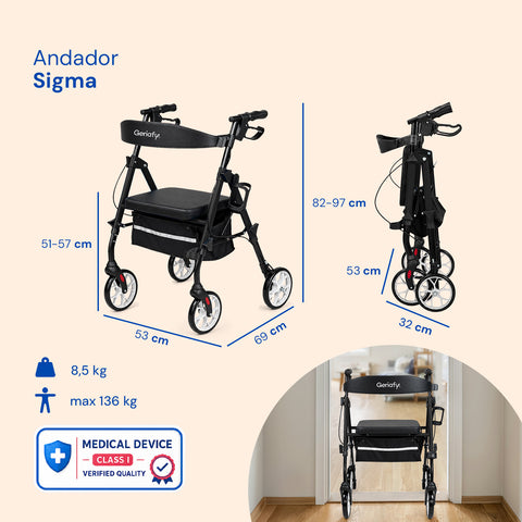 Andador Sigma | Rollator, plegable, 4 ruedas (Negro)