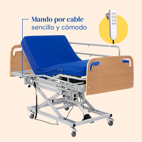 Cama articulada hospitalar com elevador de carro, grades laterais, colchão sanitário e cabeceira-peseira