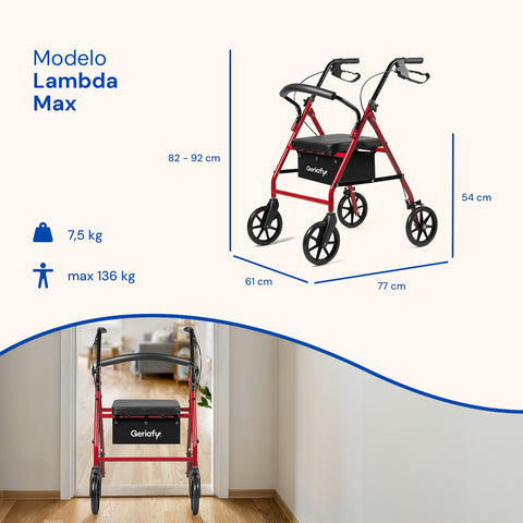Andador Lambda Max | Rollator, 4 ruedas XL, asiento y respaldo (Rojo)